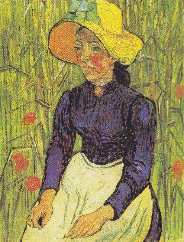 Vincent Van Gogh Young Peasant Woman with straw hat sitting in front of a wheat field Spain oil painting art